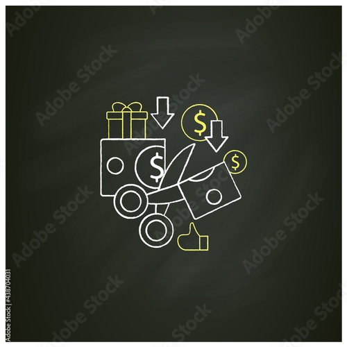 Less spending chalk icon. Reasonable money use. Mindful spending.Scissors cut money.Universal basic income concept. Isolated vector illustration on chalkboard