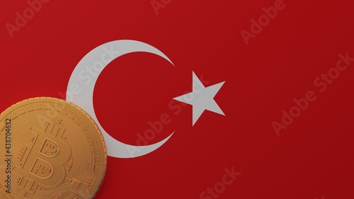 Fototapeta Naklejka Na Ścianę i Meble -  Gold Bitcoin in the Bottom Left Corner on the Country Flag of Turkey