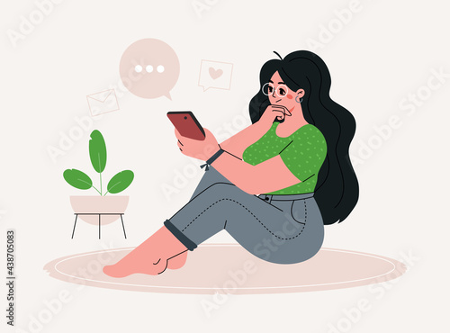 Woman sitting and browsing internet, chatting,looking videos or checking social media,relax at home.