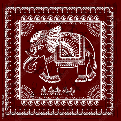 Warli painting with an elephant - hand drawn traditional the ancient tribal art India. Pictorial language is matched by a rudimentary technique depicting rural life of the inhabitants of India