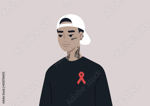 A young male Asian character wearing a red ribbon, a symbol of HIV and AIDS support