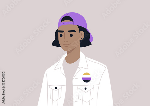 A member of the LGBTQ community wearing a nonbinary pin, LGBT pride theme