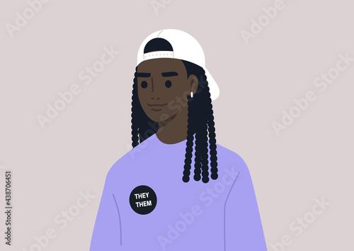 A member of the LGBTQ community wearing a pin with their pronouns, LGBT pride theme