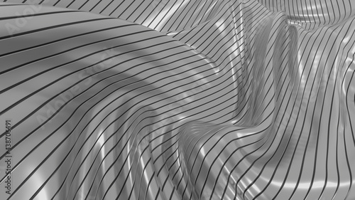 Abstract wavy background. Grey metal tapes. Smooth lines. 3D rendering image.