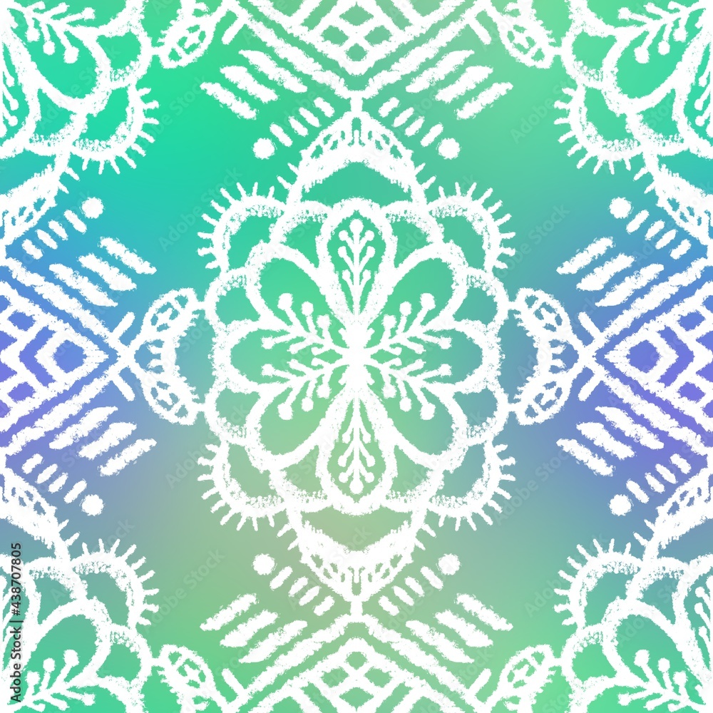 Seamless gradient mesh blurry background tribal ethnic rug motif pattern. High quality illustration. White hand drawn boho gipsy design on blue and green faded backdrop. Holographic iridescent look. Seamless gradient mesh blurry background tribal ethnic rug motif pattern. High quality illustration. White hand drawn boho gipsy design on blue and green faded backdrop. Holographic iridescent look.