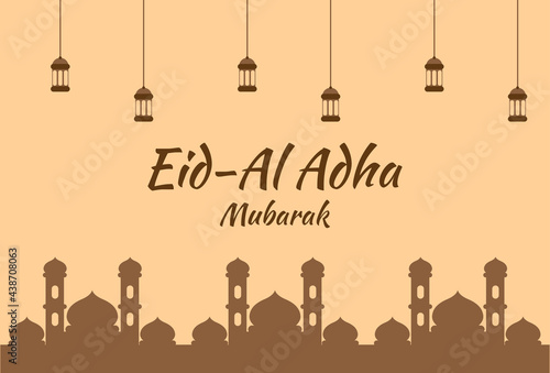 Eid al-Adha greeting design with lantern and mosque silhouette in brown color. designs for cover and banner templates