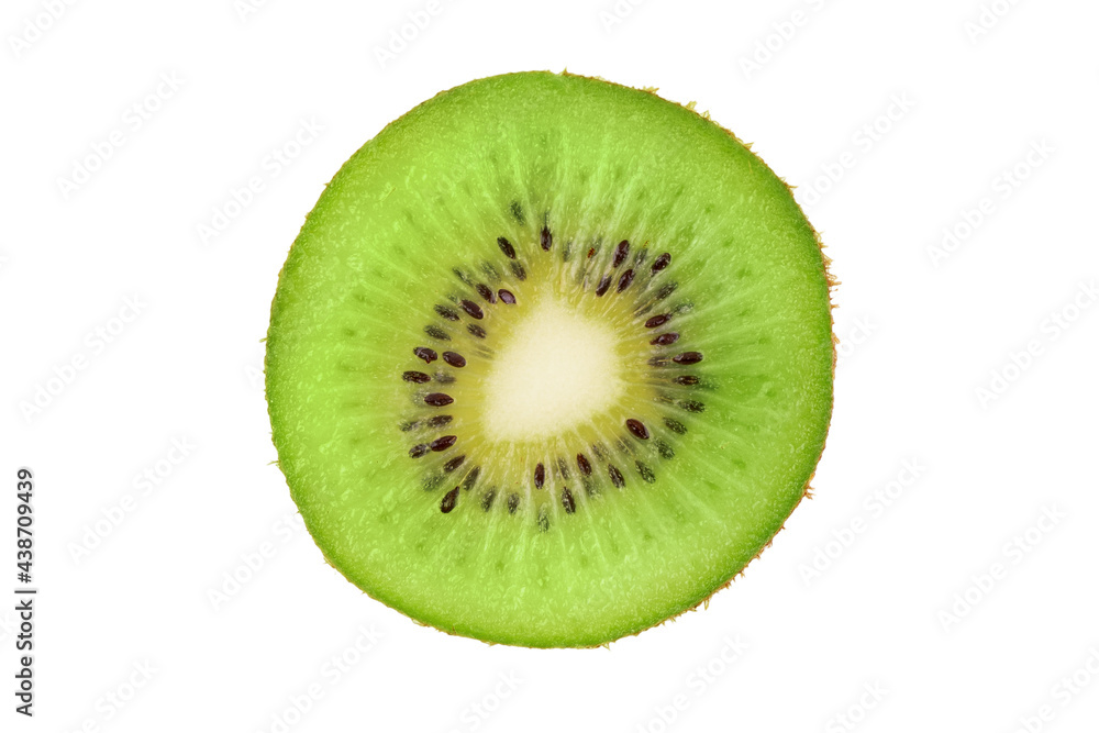Ripe fresh juicy single qiwi fruit close up. Closeup slice of one green kiwi fruit isolated on white background. Macro, studio shot. Ripe fresh juicy single qiwi fruit close up. Closeup slice of one green kiwi fruit isolated on white background. Macro, studio shot.