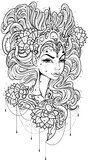 Czarno-biała ilustracja z leśnym elfe. Projekt tatuażu magicznego elfa z kwiatami we włosach. Kolorowanka
