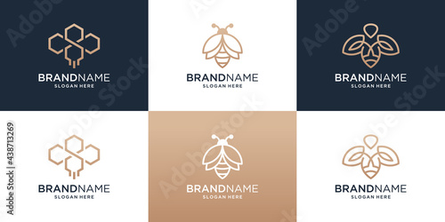 Set of Honey bee logo with modern line art style