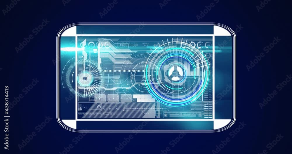 Neon round scanner spinning over digital interface with data processing against blue background