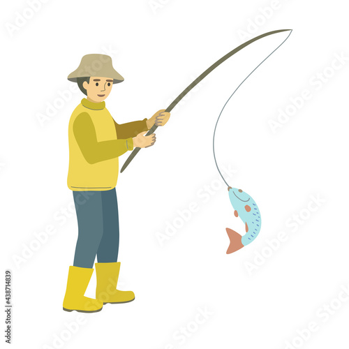 A fisherman in yellow boots and a hat caught a fish with a fishing rod isolated on a white background.