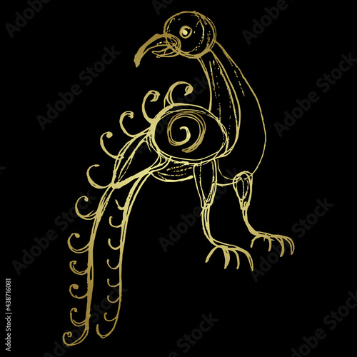 Stylized funny bird. Folk style. Medieval Russian animal motif. Hand drawn linear doodle rough sketch. Glossy golden silhouette on black background.