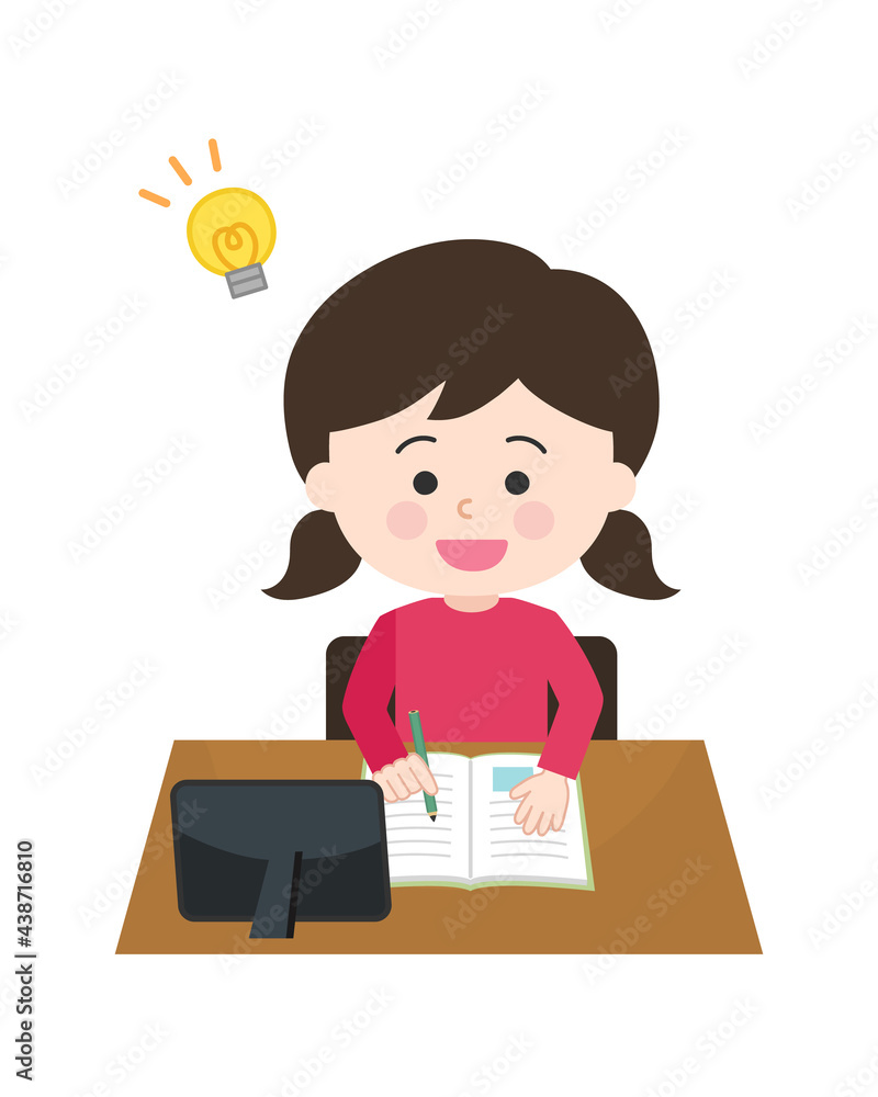 A girl studying happily on her tablet. Vector illustration isolated on white background. A girl studying happily on her tablet. Vector illustration isolated on white background.
