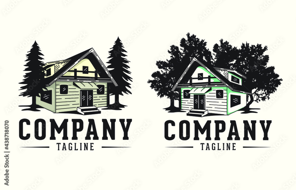 Cabin logo vector graphics, with tree versions of the logo for house rental companies and construction design