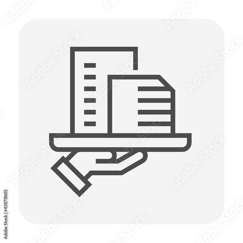 Housing estate or condominium and agent or realtor vector icon. That high building and people specialize in real estate, property, law to development, owned, sale, rent, buy, investment. 64x64 pixel.
