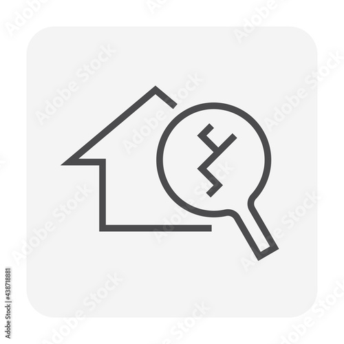 House damage, inspection vector icon. Consist of home or house building, magnifying glass and crack from disaster. Service by inspector, engineer to check before rent, sale, buy and purchase. 64x64 px