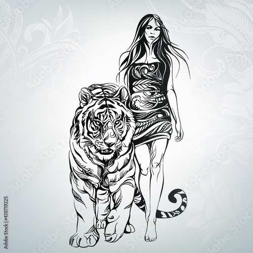Girl with a tiger in a floral ornament