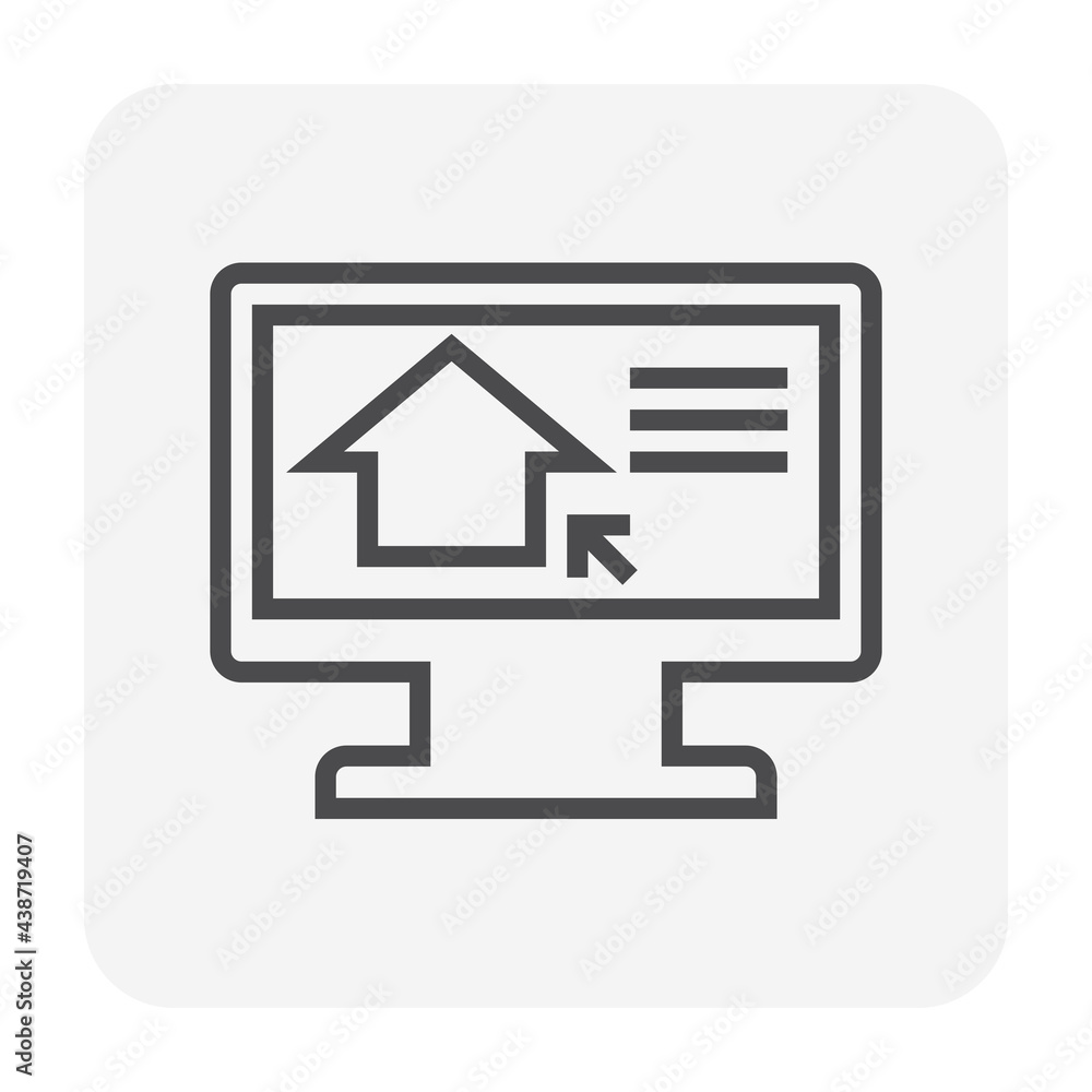 Search house vector icon. Consist of building on screen computer. That resident, agent or realtor to online find real estate or property for development, owned, sale, rent, buy or investment. 64x64 px Search house vector icon. Consist of building on screen computer. That resident, agent or realtor to online find real estate or property for development, owned, sale, rent, buy or investment. 64x64 px