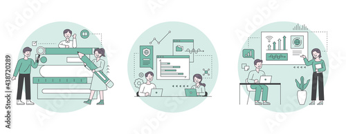 Business marketing illustration. People looking for information in piles of books, analyzing graphs and presenting. outline simple vector illustration.