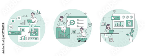 Business marketing illustration. Business icons and people analyzing graph material and setting goals. outline simple vector illustration.