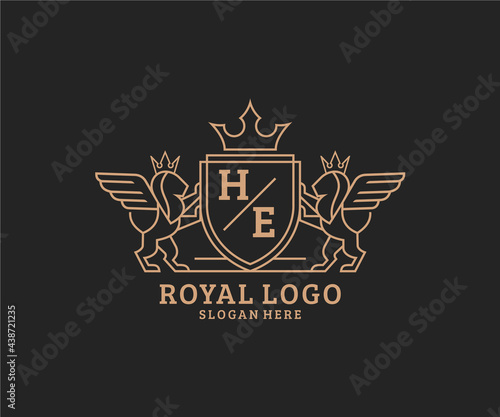 Initial HE Letter Lion Royal Luxury Heraldic,Crest Logo template in vector art for Restaurant, Royalty, Boutique, Cafe, Hotel, Heraldic, Jewelry, Fashion and other vector illustration.