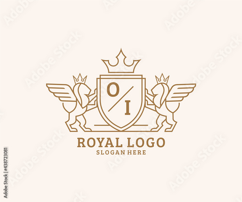 Initial OI Letter Lion Royal Luxury Heraldic,Crest Logo template in vector art for Restaurant, Royalty, Boutique, Cafe, Hotel, Heraldic, Jewelry, Fashion and other vector illustration.