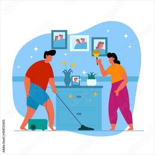 Cleaning House, Family cleaning the house. Men and women clean the living room together. Housekeeping family, household dirty floor cleaning or ordinary housework cartoon vector illustration