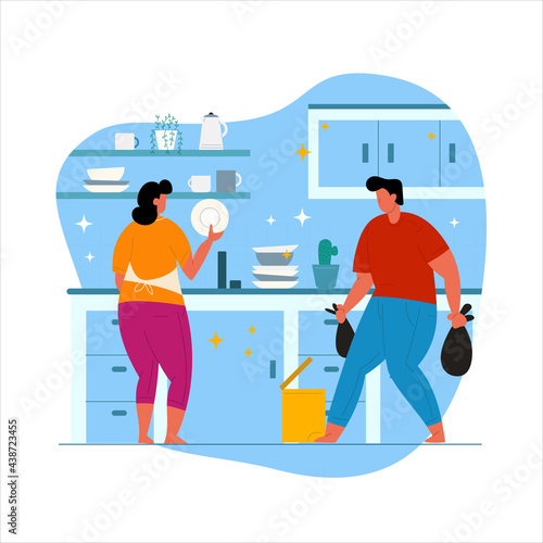 Cleaning Kitchen, Happy Family of woman and man Cleaning House on Weekend. Washing dishes, throwing trash in the Kitchen. Togetherness, Activity, Home Interior, Relationship Cartoon Flat Vector Illust
