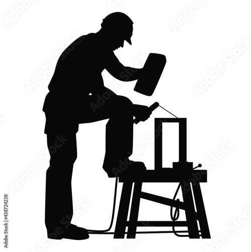 Construction worker with welding machine silhouette vector on white background