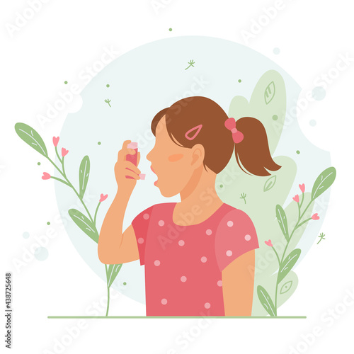 Little girl uses an asthma inhaler against an allergic attack. World asthma day. Child allergy, asthmatic. Inhalation medicine. Bronchial asthma. Vector flat concept illustration