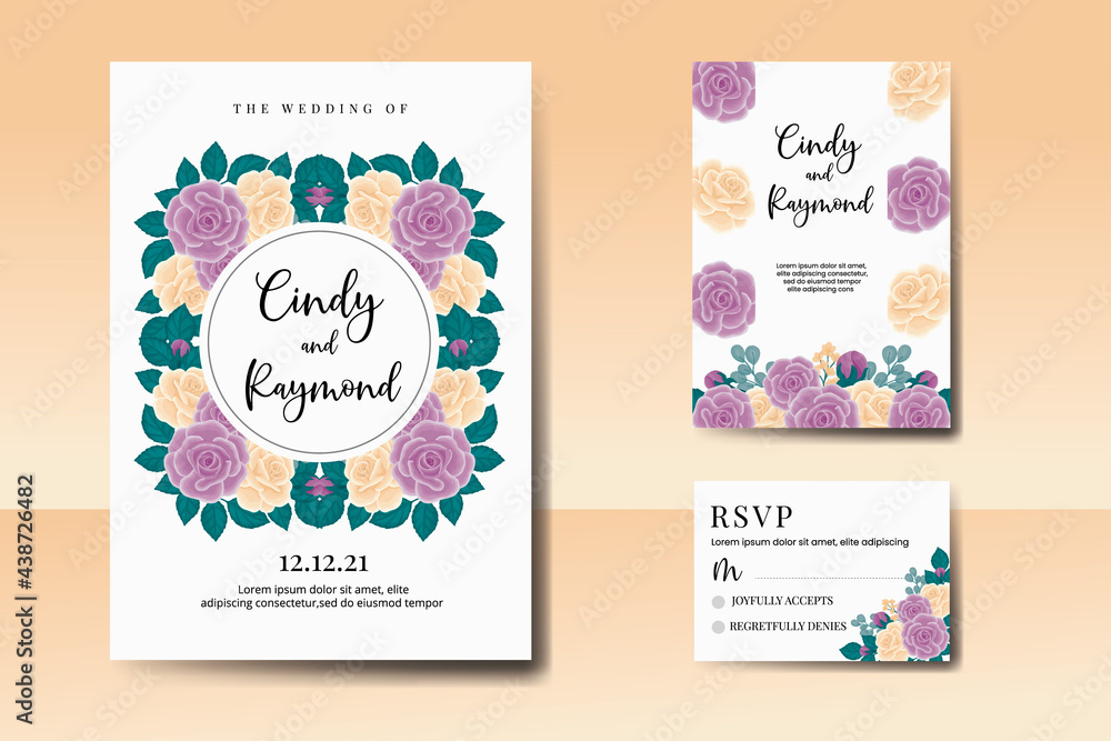 Wedding invitation frame set, floral watercolor Digital hand drawn Rose Flower design Invitation Card Template