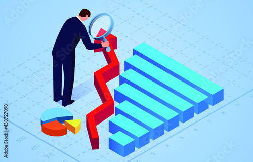 Businessman holding a magnifying glass to view infographic research data