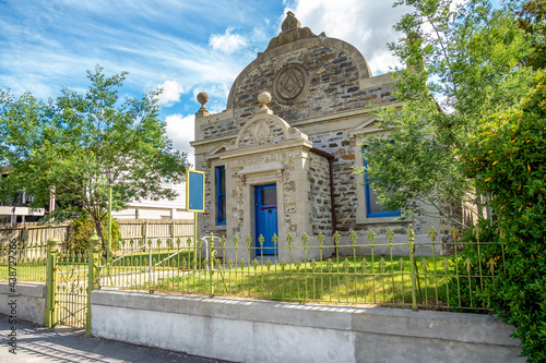 Cromwell, New Zealand - Feb 6, 2020: The Cromwell Kilwinning Lodge No. 98 was founded in 1869, constructed of local stone set in Cromwell Heritage Precinct.