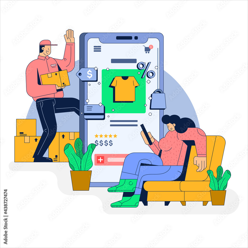 Online shopping. A woman shopping in an online store sitting on a sofa. Courier delivers package. Online shopping. A woman shopping in an online store sitting on a sofa. Courier delivers package.