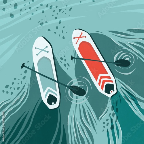 SUP boards with oars sail in open water  stand up paddle board illustration.
