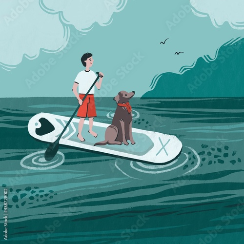 Photography Man and dog on SUP board with paddle in open water, standing board illustration