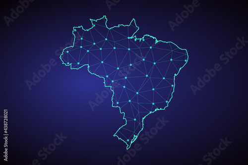 Map of Brazil from Polygonal wire frame low poly mesh, contours network line, luminous space stars, design sphere, dot and structure. Vector Illustration EPS10.