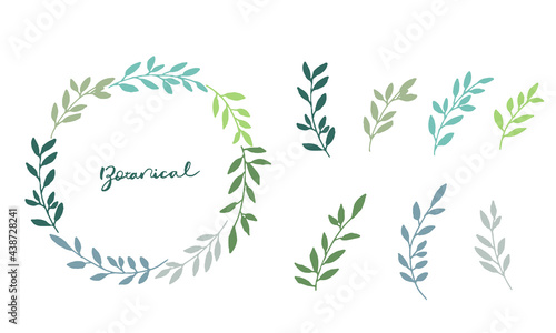 手描きの草木リースフレームイラストセット Set hand drawn white isolated background. Botanical illustration. Decorative Botanical picture.