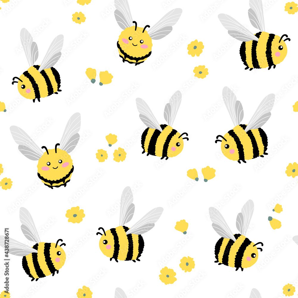 Seamless pattern of flying bees. Cartoon bees and flowers on a white background. Flat vector illustration.