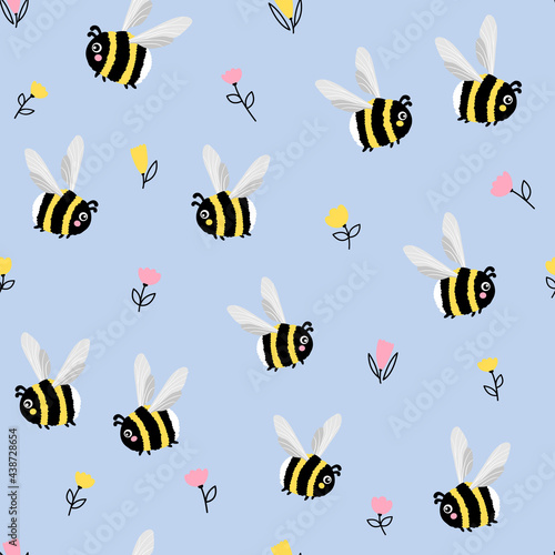 Flying bumblebees seamless pattern. Cartoon bumblebees and flowers. Flat vector illustration.