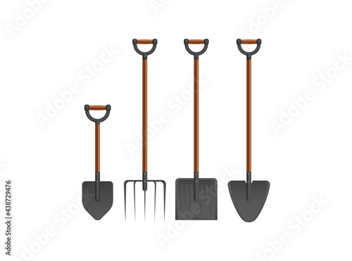 Short Handle Shovel and Spade is a three color illustration. Wooden handle and fiberglass handle included. Realistic style.