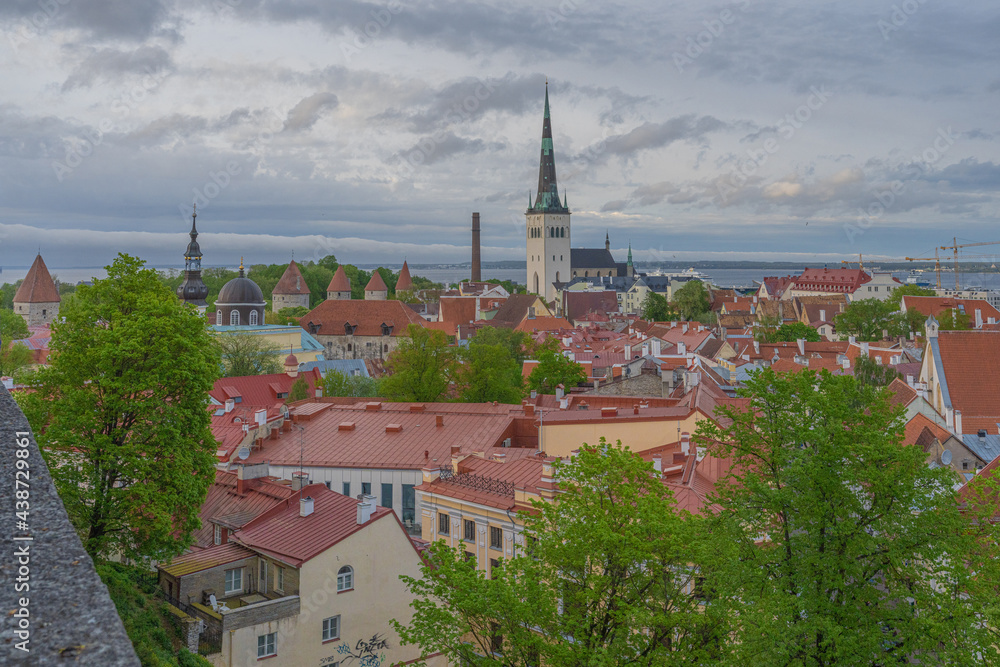 Tallinn Estonia May 21, 2021 View of the rooftops of the old town, spring evening