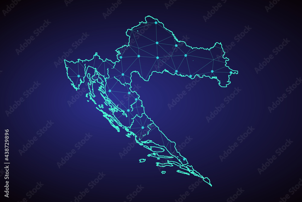 Obraz premium Map of Croatia - With glowing point and lines scales on The dark gradient background, 3D mesh polygonal network connections. Vector illustration eps10.