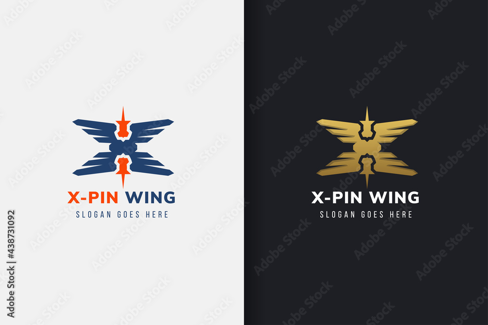 wing location logo design template design. Combination x cross wing with pin location on upper and down. Collection brand.