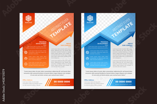 Set of Flyer exchange theme.  Cover design template chart border use blue and orange gradient colors diagram with space for photo. grey gradient in background.