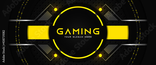 Futuristic black and yellow gaming banner design template with metal technology concept. Vector illustration for business corporate promotion, game header social media, live streaming background