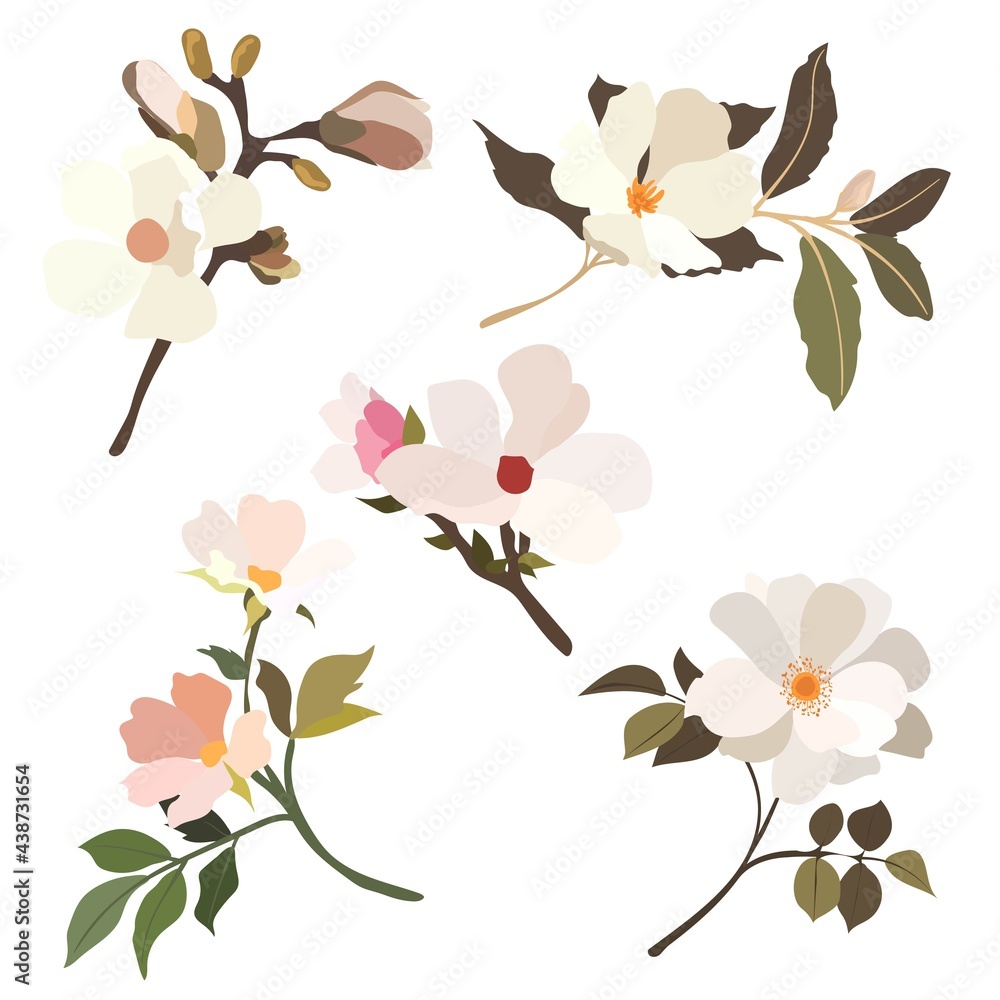 Vintage flowers set. A branch of a blossoming tree. Flat vector illustration in pastel colors.