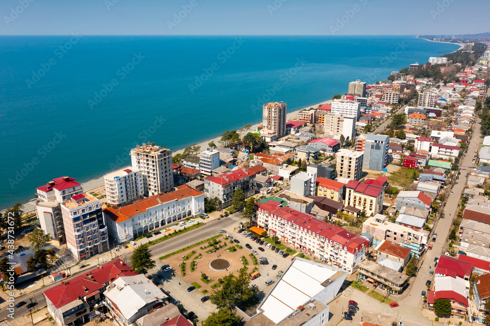 View from drone of Kobuleti city on Black sea coast at sunny spring day, Georgia