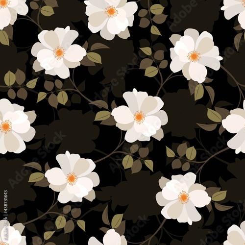 Vintage flowers. Seamless pattern. A branch of a blossoming tree. Flat vector isolated illustration. Pastel colors.