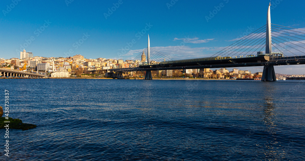 View of the modern Metro Bridge above Golden Horn Bay in Istanbul, Turkey